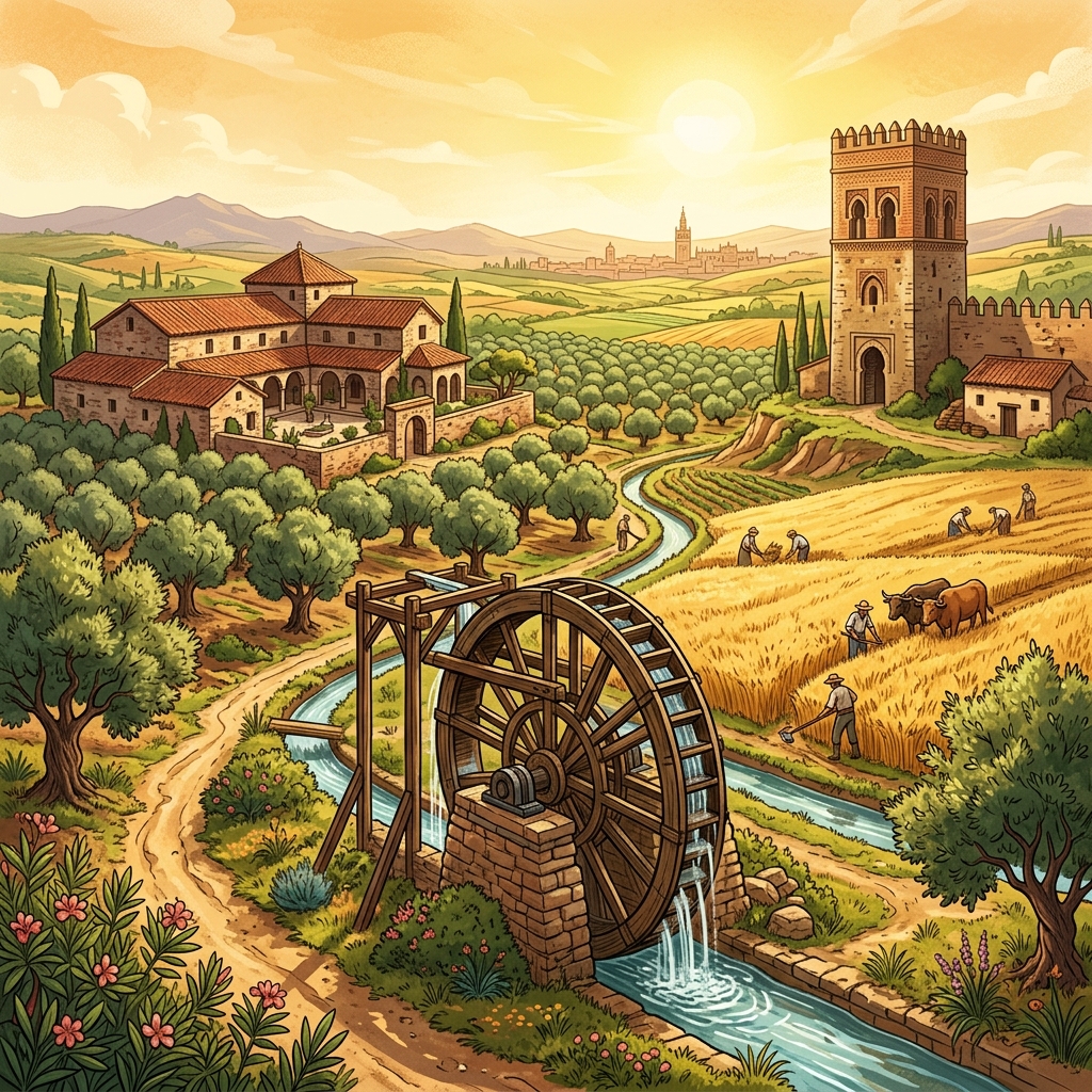 Ilustración de la agricultura andalusí y la torre almohade